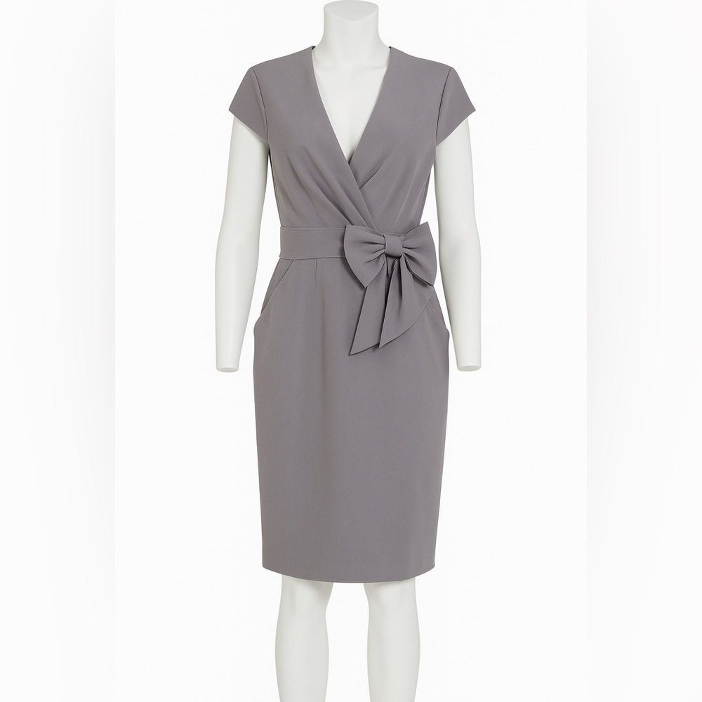 Sandra Darren Gray Cap-Sleeve Bow Front Dress – Size 12 - Picture 2 of 12